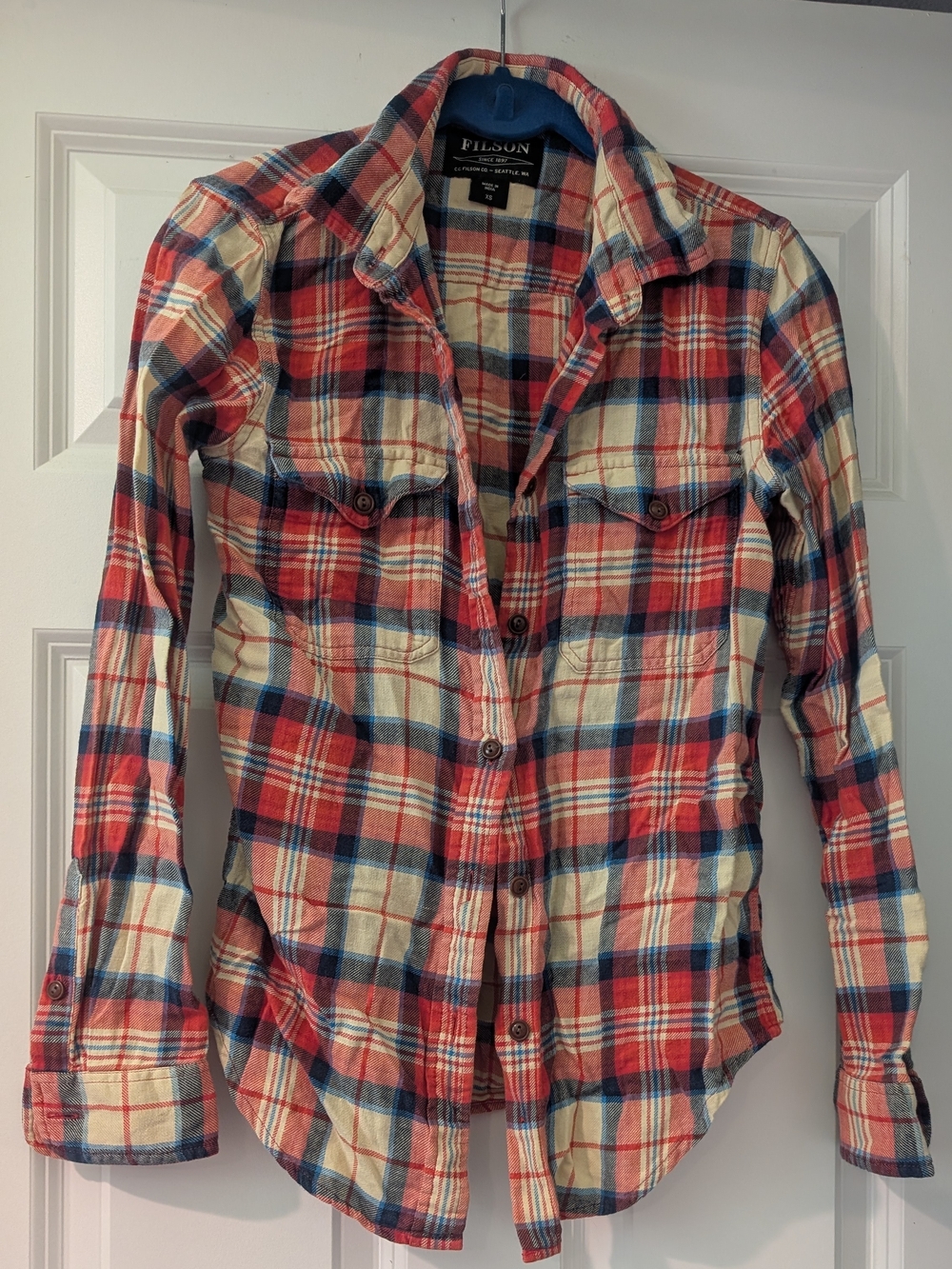 Filson Women's Fit- Blue, Red and Cream Plaid Flannel Shirt XS